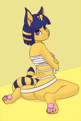 2:3 absurd_res animal_crossing ankha ankha_(animal_crossing) anthro ass big_butt booponies crossed_arms displeased domestic_cat felid feline felis female hair hi_res mammal nintendo nipples paws short_hair sitting solo video_games