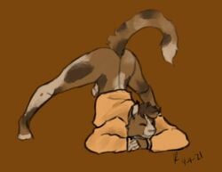 anthro ass_up brown_body brown_fur clothing domestic_cat felid feline felis fur genitals hi_res jack-o'_pose male mammal penis pose scorchwind58 shirt smile solo spots sweater topwear