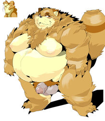 2021 absurd_res anthro balls belly brown_body brown_fur canid canine flaccid fur genitals hi_res humanoid_genitalia humanoid_penis kemono levan_zan male mammal moobs nipples obese obese_male overweight overweight_male penis pubes raccoon_dog sigenoya simple_background solo takotyutyu tanuki white_background