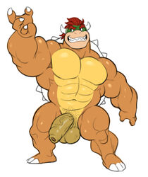 abs analon_(artist) anthro balls bara bowser darkened_balls darkened_genitalia darkened_penis genitals hair hi_res humanoid_genitalia humanoid_penis koopa male male_only mario_(series) muscular muscular_male navel nintendo nude orange_body penis pubes red_hair scalie sharp_teeth simple_background solo teeth toomanyboners video_games white_background