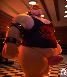 3d anthro armband belly big_pecs black_clothing black_shirt black_tank_top black_topwear bottomless bowser bracelet collar erection eyebrows genitals highres horn jewelry koopa male male_only mario_(series) muscular muscular_anthro muscular_male nintendo pecs penis red_hair reptile reyriders scalie shirt slightly_chubby solo spiked_armband spiked_bracelet spiked_collar spikes tank_top testicles thick_thighs tongue tongue_out topwear