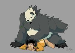 2021 2boys anthro anthro_penetrating anthro_penetrating_human baraking belly black_body black_hair black_nose blush clothed clothing duo gay hair hi_res human human_on_anthro human_penetrated interspecies male male/male male_only mammal nintendo overweight overweight_anthro overweight_male pangoro penetration pokémon_(species) poképhilia pokemon sex simple_background video_games white_body yaoi