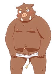 2015 anthro belly blush clothing erection genitals humanoid_genitalia humanoid_hands humanoid_penis kemono male mammal moobs nipples overweight overweight_male penis penta002 solo suid suina sus_(pig) underwear wild_boar