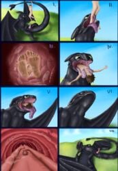 absurd_res after_vore black_body blue_sky comic dragon dreamworks duo erection first_person_view full_belly genitals green_eyes hi_res how_to_train_your_dragon human human_prey humanoid_genitalia humanoid_penis male male/male mammal mouth_shot night_fury open_mouth penis scalie sky soft_vore swallowing tongue tongue_out toothless vore ward0r western_dragon willing_vore wings