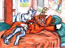 169_position 1990s 1997 20th_century 69_position abs anal anal_sex animal_genitalia anthro anthro_on_anthro anthro_penetrated anthro_penetrating anthro_penetrating_anthro antlers ass balls bed bed_sheet bedding bedroom blinds butt_grab canid canine canis cervid cheek_tuft closed_eyes dipstick_tail english_text erection facial_tuft fellatio flower fox foxxfire from_behind_position fur furniture genitals green_carpet green_eyes green_pillow green_sheets grey_body grey_fur group group_sex hand_holding hand_on_butt hand_on_hip happy happy_sex hooves horn interspecies male male/male male_penetrated male_penetrating male_penetrating_male mammal markings multicolored_body multicolored_fur multicolored_tail nude open_door oral orange_body orange_fur penetration penile penile_penetration penis penis_in_ass pillow pink_wall plant poster_(object) red_sheets sex sheath smile spoon_position spooning table tail_markings text three-quarter_view threesome tongue tongue_out traditional_media_(artwork) tuft two_tone_body two_tone_fur vase white_body white_fur wolf