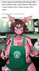 anthro apron apron_only areola ass big_areola big_breasts big_butt bodily_fluids breasts clothing digital_media_(artwork) english_text eyewear female glasses green_apron green_eyes i_mean_breast_milk iced_latte_with_breast_milk inverted_nipples lactating lactation lagomorph leporid mammal meme milk mostly_nude nipple_slip nipples rabbit shaded side_boob solo starbucks text text_on_apron text_on_clothing vee_jay_(vjsins) vjsins wide_hips wide_thighs