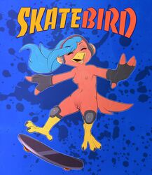 2021 4_fingers anthro atane27 avian bird blue_hair breasts claws closed_eyes clothing digital_media_(artwork) feathers female fingers genitals gloves hair handwear headphones hi_res knee_pads mostly_nude navel nude open_mouth pussy red_body shaded simple_background skateboard small_breasts