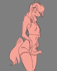 animal_genitalia animal_penis anthro blush bottomwear clothed clothing coral_(tabuley) equid equine equine_penis genitals girly grey_background hair horse hotpants long_hair looking_at_viewer male mammal monochrome original original_character penis poking_out portrait shirt shorts simple_background solo standing tabuley tank_top three-quarter_portrait topwear