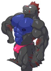 2021 abs alligator alligatorid anthro barazoku biceps big_muscles bulge clothing crocodilian dinosaur flexing hi_res huge_muscles hybrid maldu male male_only muscular muscular_anthro muscular_male navel nipples pecs qaz quads reptile scalie simple_background smile solo standing thong underwear white_background