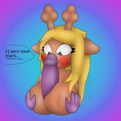 1:1 2021 absurd_res anthro antlers areola big_breasts big_penis blonde_hair blush breast_grab breast_play breasts brown_body brown_skin bust_portrait capreoline cervid deltarune dialogue digital_media_(artwork) disembodied_hand disembodied_penis duo english_text erection female freckles gazaster genitals gradient_background hair hand_on_breast hi_res horn humanoid_genitalia humanoid_penis looking_at_genitalia looking_at_penis looking_down male male/female mammal nervous nervous_smile nipples no_irises noelle_holiday nude off_screen_character open_mouth paizuri penis portrait purple_body purple_penis purple_skin red_nose reindeer sex shocked shocked_expression simple_background smile solo_focus susie_(deltarune) tan_body tan_skin text titfuck titjob undertale_(series) video_games