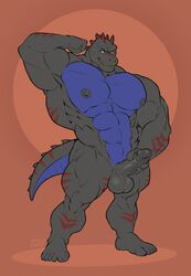 1boy 2021 abs alligator alligatorid anthro balls barazoku biceps big_muscles brown_background crocodilian dinosaur erection flexing genitals hi_res huge_muscles humanoid_genitalia humanoid_penis hybrid kazushi looking_at_viewer male male_only masturbation muscular muscular_anthro muscular_male navel nipples nude obliques pecs penile penile_masturbation penis qaz reptile scalie simple_background solo standing