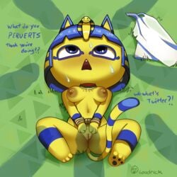 1:1 animal_crossing ankha ankha_(animal_crossing) anthro arms_tied bodily_fluids bound breasts disembodied_penis domestic_cat english_text felid feline felis female genitals group hi_res loodrick lying male mammal nintendo nude on_back paws penis penis_shadow pussy rope shadow spread_legs spreading sweat text video_games