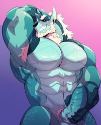 anthro armpit_hair beard big_muscles big_pecs blue_body blue_scales body_hair canid canine canis dragon facial_hair genitals hair hand_on_penis hi_res hybrid kokuhane male mammal muscular muscular_anthro muscular_male nude pecs penis pubes rymulus scales scalie solo solo_male teeth white_hair wolf