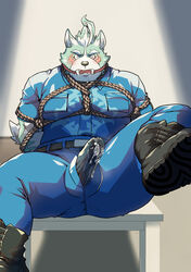 1boy absurdres anthro asian_mythology bodily_fluids bondage bound captured east_asian_mythology erection erection_under_clothing foo_dog furry genital_fluids highres japanese_mythology komainu lifewonders male male_only mammal muscular muscular_anthro muscular_male mythology oguchi_magami_(tokyo_afterschool_summoners) okuma pecs police_officer police_uniform precum precum_through_clothing rope solo tenting tokyo_afterschool_summoners uniform wet wet_clothing yōkai