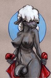 anthro balls black_body black_skin blush bovid breasts cadmiumtea caprine carol_(brocade) dark-skinned_futanari futa_only futanari genitals hair hair_over_eye hi_res intersex mammal one_eye_obstructed penis sheep shy solo wool_(disambiguation)