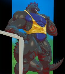 2021 abs alligator alligatorid anthro balls barazoku beartower big_muscles bottomless clothed clothing crocodilian day dinosaur erection genitals hi_res huge_muscles humanoid_genitalia humanoid_penis hybrid looking_at_viewer low-angle_view male muscular muscular_anthro muscular_male narrowed_eyes outside pecs penis qaz quads reptile scalie shirt smile solo standing tank_top thick_thighs topwear