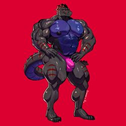 1:1 2021 abs alligator alligatorid anthro barazoku big_muscles bulge clothing crocodilian detailed dinosaur hands_on_hips hi_res huge_muscles hybrid looking_at_viewer male male_only muscular muscular_anthro muscular_male navel nipples obliques pecs qaz quads rapture_b0y red_background reptile scalie signature simple_background smile solo standing thick_thighs thong underwear vein