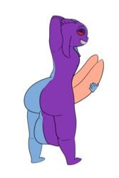 anthro ass balls big_balls big_butt big_penis bizzmuth_(artist) blue_body diphallia diphallism fish genitals huge_balls lidded_eyes looking_at_viewer looking_back male marine multi_genitalia multi_penis penis presenting purple_body red_eyes smile smirk solo thick_thighs