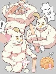 ! 2021 3:4 anthro asian_clothing bulge closed_eyes clothing east_asian_clothing food fundoshi gay humanoid_hands japanese_clothing kemono lagomorph leporid male mammal mid-autumn_festival mooncake_(food) musclegut navel nipples peekeroro rabbit solo underwear white_clothing white_fundoshi white_underwear