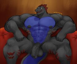 2021 abs alligator alligatorid anthro balls big_muscles crocodilian cryingfatcat dinosaur flaccid furniture genitals hi_res huge_muscles humanoid_genitalia humanoid_penis hybrid looking_at_viewer male muscular muscular_anthro muscular_male navel nipples nude obliques on_sofa pecs penis qaz reptile scalie sitting smile sofa solo text thick_thighs url