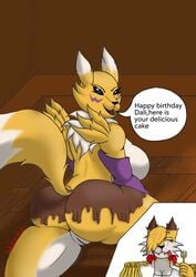 anthro ass bandai_namco big_breasts big_butt blue_eyes breasts cake canid canine cheetah dali_yamaguchi dalilallana100 dessert digimon digimon_(species) digital_media_(artwork) domestic_cat english_text felid feline felis female female/female food fox fur genitals green_eyes hair happy_birthday hi_res mammal nipples nude pussy renamon smile solo text tongue white_body white_fur yellow_body yellow_fur