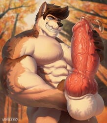 1boy abs anthro balls big_balls big_penis bodily_fluids canid canine canis domestic_dog erection forest forest_background genital_fluids genitals hi_res huge_balls huge_cock husky hyper hyper_balls hyper_genitalia hyper_penis looking_at_viewer male male_only mammal muscular muscular_anthro muscular_male nature nature_background nordic_sled_dog outside paul_(majin764) penis plant precum solo spitz sweat teeth_showing tree voidlesky