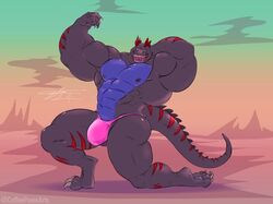 2021 abs alligator alligatorid anthro bent_leg biceps big_muscles bulge clothing coffeepoompoom crocodilian dinosaur flexing hand_behind_head hi_res huge_muscles hybrid kneeling looking_at_viewer male male_only muscular muscular_anthro muscular_male navel nipples obliques open_mouth open_smile outside pecs pose qaz reptile scalie smile solo thick_thighs thong underwear