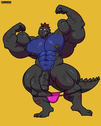 2020 abs alligator alligatorid anthro artist_name balls barazoku biceps big_muscles big_nipples clothed clothing crocodilian dinosaur flaccid flameus99 flexing genitals hi_res huge_muscles humanoid_genitalia humanoid_penis hybrid looking_at_viewer male male_only mostly_nude muscular muscular_anthro muscular_male navel nipples obliques partially_clothed pecs penis qaz quads reptile scales scalie simple_background solo standing text thick_thighs thong thong_down underwear underwear_down url vein yellow_background