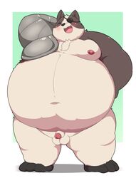 2021 anthro badger badgerclops balls belly black_nose blush cartoon_network eye_patch eyewear fat flaccid genitals hi_res kemono kusosensei male mammal mao_mao:_heroes_of_pure_heart moobs morbidly_obese morbidly_obese_male mustelid musteline navel nipples obese obese_male overweight overweight_male penis simple_background small_penis solo