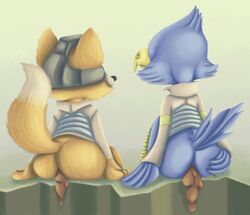 anthro ass avian bird bottomless butt_grab canid canine clothed clothing duo falco_lombardi falcon falconid feces filth filthy fox fox_mccloud group_poop hand_on_butt jubb male mammal nintendo rear_view scat scat sitting star_fox tagme topwear video_games