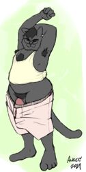 angerycatte anthro armpit_hair big_bulge big_penis body_hair bottomwear boxers_(clothing) bulge chest_tuft closed_eyes clothing domestic_cat eyewear face_squish felid feline felis fist flaccid fur genitals glasses grey_body grey_fur grey_tail humanoid_genitalia humanoid_penis ineffective_clothing male mammal obese overweight pants penis penis_base pink_penis plantigrade pubes shirt signature solo solo_male squish stretching stretching_arms tank_top thick_thighs topwear tuft underwear white_clothing wide_hips