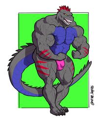 2021 abs alligator alligatorid anthro barazoku biceps big_muscles border bulge clothing crocodilian dinosaur flexing genital_outline green_background hi_res huge_muscles hybrid male male_only muscular muscular_anthro muscular_male nipples open_mouth open_smile pecs penis_outline qaz quads reptile scalie simple_background smile solo standing teeth text thick_thighs thong underwear url vein veiny_muscles vive_lapins white_border