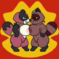 1:1 anthro big_breasts breast_play breasts canid canine cartoon_network concept_art duo duo_focus female female/female group hi_res mammal mao_mao:_heroes_of_pure_heart nude raccoon_dog redriver24816_(artist) simple_background staring_into_eyes tanuki tanya_keys