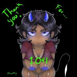 1boy 1girls 2023 arms_behind_back arms_tied big_ass big_breasts black_eyes black_hair blue_horns blue_nipples bluedevil bluey_(bluedevil) blush bondage bottomless breasts dark_skin demon demon_tail ear_piercing female female_only hi_res hispanic hispanic_female horns legs_together long_hair looking_at_viewer mexican mexican_female milestone_celebration mostly_nude navel nipples oni panties piercing self_insert shirt shirt_lift simple_background tagme thank_you thank_you_message thick_thighs thighs watermark wide_hips