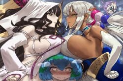 5girls black_hair blonde_hair blue_hair blush breast_press breast_rest breasts breasts_on_head catfight colored_inner_hair commentary crossover dark-skinned_female dark_skin drooling earrings earth-chan elbow_gloves english_commentary eyebrows_hidden_by_hair facial_mark fate/extra fate/extra_ccc fate/grand_order fate_(series) forehead_mark gloves green_hair grey_hair hair_bobbles hair_ornament hands_on_own_hips haraya_manawari highres hololive hololive_english hololive_indonesia hood horns jewelry large_breasts long_hair moona_hoshinova multicolored_eyes multicolored_hair multiple_crossover multiple_girls original personification purple_hair sessyoin_kiara smile space star_(sky) symmetrical_docking tsukumo_sana tsukumo_sana_(1st_costume) two-tone_hair virtual_youtuber yellow_eyes