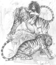 1girls big_breasts breasts cavegirl cavewoman female female_focus jungle_girl naturism naturist nidism nipples nude nudist pencil_(artwork) simon_bisley tiger traditional_media_(artwork)