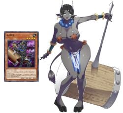 animal_humanoid aotaka0202 black_hair black_skin blue_eyes boobs bull card_(medium) collar curvy dark-skinned_female dark_skin duel_monster earrings female female_only gozuki hammer hi_res hips huge_breasts humanoid konami loincloth looking_at_viewer mallet micro_bikini open_mouth pointy_ears rule_63 simple_background smile solo standing tail thighs white_background yokai yu-gi-oh! zombie