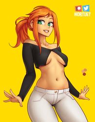 1girls breasts clothed clothing female_focus female_only green_eyes hi_res medium_hair navel nortuet nortuet_universe original pose red_hair revealing_clothes simple_background small_breasts smile solo tara_(nortuet) watermark yellow_background