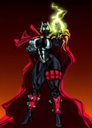 big_breasts cape genderswap_(mtf) gradient_background high_heels image_comics mirci muscular muscular_female rule_63 solo solo_female spawn thick_thighs