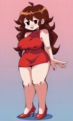 5_fingers :d ai_generated auburn_hair big_breasts black_eyes busty clothed curvy female friday_night_funkin fully_clothed girlfriend_(friday_night_funkin) long_hair minidress nipple_bulge perky_breasts pixai red_dress red_fingernails red_heels simple_background solo tight_clothing