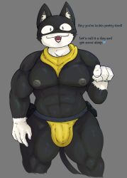 anthro atlus bandana bara big_bulge big_nipples black_body black_fur black_tail bulge dialogue domestic_cat felid feline felis fur gesture hi_res kerchief locitony male mammal megami_tensei morgana_(persona) muscular muscular_male muscular_thighs nipples pecs persona persona_5 pointing pointing_at_viewer simple_background thick_thighs video_games