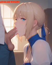 1boy 1girls ai_generated artifical_art athletic athletic_female balls blonde_hair blowjob blowjob_face blue_eyes cum cum_in_mouth cum_in_pussy cute cute_face fate/grand_order fate/stay_night fate/zero fate_(series) light-skinned_female light_skin oral oral_creampie oral_penetration oral_sex pale-skinned_female pale_skin penis penis_in_mouth perky_breasts saber seductive semen_in_mouth skinny_girl sucking sucking_penis thin_waist