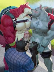3boys 5_fingers abs anthro arm_around_shoulders back_muscles backpack balls biceps big_muscles big_penis black_nose blush blush_lines bodily_fluids bottomwear canid canine canis closed_eyes dobermann domestic_dog fellatio fingers footwear fur furry gay genital_fluids genitals grey_body grey_fur hand_on_penis highres humanoid_genitalia humanoid_penis incest kissing kneeling looking_at_another looking_at_partner male male_only mammal muscular muscular_anthro muscular_male navel nephew nipples oral outdoors penis pinscher precum raccoon21 red_body red_fur sex shirt shoes shorts shorts_down sneakers standing testicles topless topwear uncle uncle_and_nephew vein veiny_penis wolf yaoi yellow_eyes