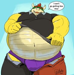 2021 anthro belly big_belly bodily_fluids bottomwear bowser bulge clothing day deadanthro dialogue dressing english_text eyebrows hair horn koopa looking_down low-angle_view male male_only mario_(series) mario_golf navel nintendo outside overweight overweight_anthro overweight_male pants scalie shirt signature sky solo standing sweat text topwear underwear unzipped video_games