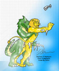 2002 against_surface against_wall anal anal_sex anthro anthro_on_anthro anthro_penetrated anthro_penetrating anthro_penetrating_anthro balls bodily_fluids bodyguard_position claws crocodile crocodilian crocodylid cum cum_while_penetrated cumshot duo ejaculation english_text felid from_behind_position fur genital_fluids genitals glenn green_body green_scales hand_on_chest handjob handjob_while_penetrating hands_on_wall humanoid_genitalia humanoid_penis interspecies intox_(character) lion looking_pleasured male male/male male_penetrated male_penetrating male_penetrating_male mammal mane multicolored_body multicolored_scales non-mammal_balls nude orgasm orgasm_face pantherine penetration penile penile_penetration penis penis_in_ass pink_penis reach_around reptile scales scalie sex shower shower_sex showering side_view signature skycroc_(character) smile soap_bubbles standing standing_sex tail_ridge tail_spines tail_tuft tan_body tan_fur tan_scales text thick_tail tuft two_tone_body two_tone_scales wet wet_body wet_fur wet_scales whiskers