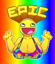 big_breasts chuzquid epic_face open_mouth peace_sign pixel_art rainbow_background rainbow_bikini tagme text yellow_skin