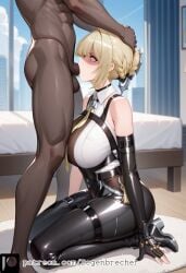 1girls ai_generated big_breasts big_butt blonde_hair curvy_figure dark-skinned_male deepthroat degenbrecher evelyn_chevalier head_grab irrumatio leather_clothing patreon patreon_username purple_eyes zenless_zone_zero