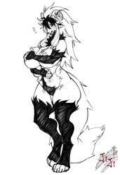 2021 anthro big_breasts blush breasts canid canine covering covering_breasts digital_media_(artwork) digitigrade female goat_ears goat_eyes goat_horns hair hi_res horn jijis-waifus kemono long_hair mammal multi_breast nipples pubes simple_background solo standing white_background