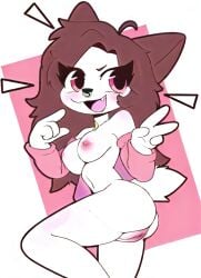 anthro big_ass blush breasts brown_hair furry_ears furry_female mandoy1o1 nipples original_character piercing pink_eyes pussy short_dress sleeves smiling tail white_body