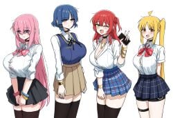 4girls ahoge alternate_breast_size arms_at_sides arms_behind_back bangle black_choker black_ribbon black_shorts black_skirt black_thighhighs blonde_hair blue_eyes blue_hair blue_nails blue_skirt blue_vest blush bocchi_the_rock! bow bowtie bra bra_peek bracelet breasts bright_pupils brown_skirt button_gap cellphone chains choker cleavage collared_shirt commentary cowboy_shot cube_hair_ornament diamond-shaped_pupils diamond_(shape) dotthebot ear_piercing fingernails gotou_hitori green_eyes gyaru hair_between_eyes hair_ornament heart heart_necklace highres holding holding_phone huge_breasts ijichi_nijika jewelry kessoku_band kita_ikuyo kogal lace-trimmed_choker lace_trim large_breasts leaning_forward long_hair long_sleeves loose_necktie miniskirt multiple_girls nail_polish neck_ribbon necklace necktie one_eye_closed one_side_up open_mouth orange_eyes partially_unbuttoned phone piercing pink_bow pink_bowtie pink_bra pink_hair plaid_clothes plaid_skirt pleated_skirt polka_dot_bowtie red_bow red_bowtie red_hair red_nails ribbon ring school_uniform shaded_face shirt shirt_tucked_in shorts shorts_under_skirt shy side_ponytail sidelocks simple_background skindentation skirt sleeves_rolled_up smartphone smile spiked_choker spikes sweatdrop symbol-shaped_pupils tented_shirt textless_version thigh_strap thighhighs thighs underwear v v_arms very_long_hair vest watch white_background white_shirt wristband wristwatch yamada_ryou yellow_bra zettai_ryouiki